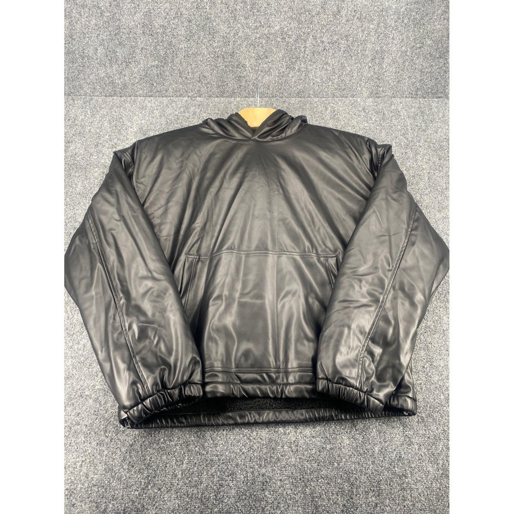 Unbranded Faux Leather Sherpa Lined Hoodie Pullover Mens Black Large Streetwear